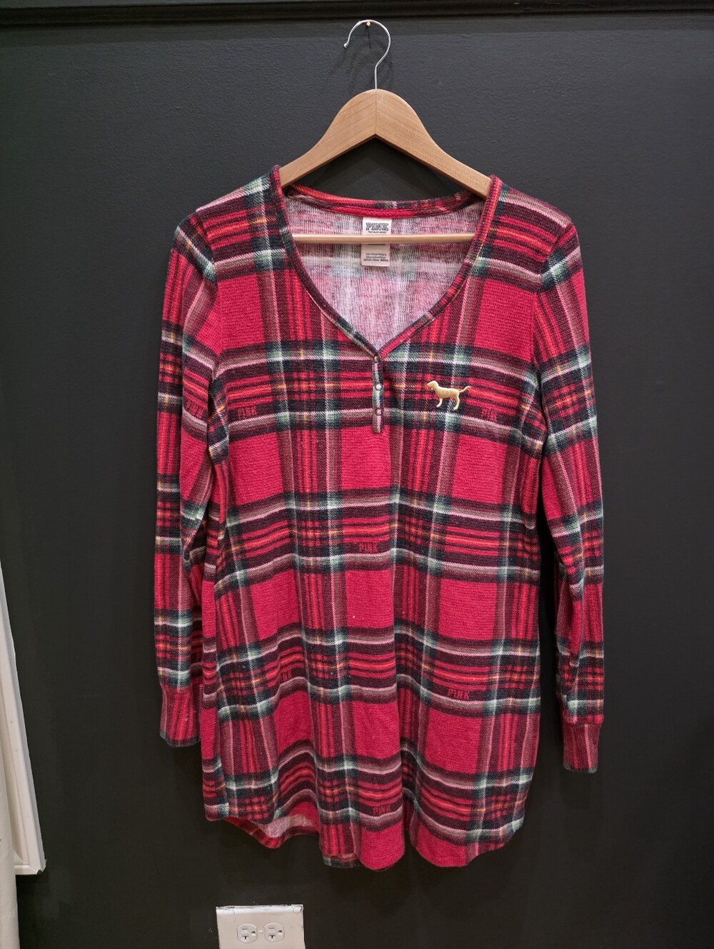 Victoria's Secret PINKFlannel Night Shirt Bling Logo Red Plaid Pajama Gown Large